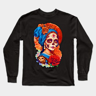 Sugar Skull Halloween. Girl with a Pearl Earring Long Sleeve T-Shirt